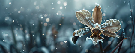 A wilted orchid, its delicate petals frozen and covered in snow, standing out against a wintry garden backdrop.の素材