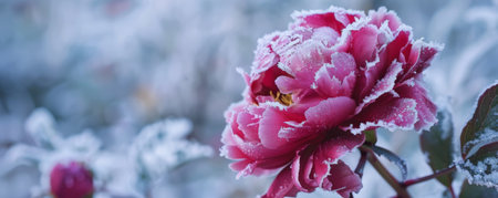 A wilted peony, its petals covered in frost and snow, with a soft-focus background of a winter garden.の素材