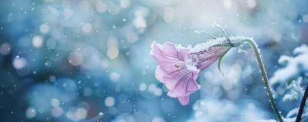 A wilted morning glory, its petals drooping and dusted with snow, standing alone against a soft-focus winter garden.の素材