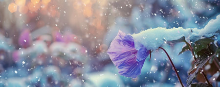 A wilted morning glory, its petals drooping and dusted with snow, standing alone against a soft-focus winter garden.の素材