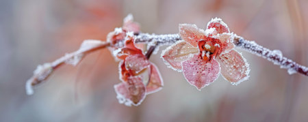 A wilted orchid, its delicate petals frozen and covered in snow, standing out against a wintry garden backdrop.の素材
