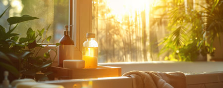 A refreshing bathroom setup with soap and shower gel on the edge of a bathtub, sunlight filtering through a nearby window.の素材