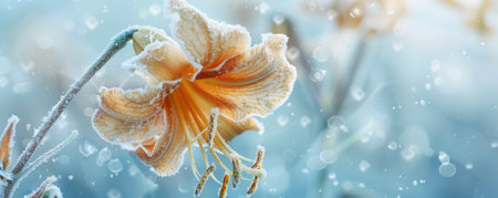 A wilted lily, its petals frozen and dusted with snow, set against a serene, snowy background.の素材