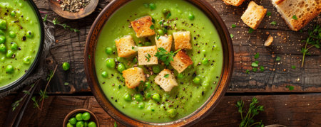 A meal scene with a bowl of pea soup, topped with fresh herbs and croutons, set on a rustic table.の素材