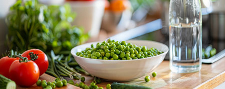 A health-conscious meal setup with a bowl of peas, fresh vegetables, and a glass of water.の素材