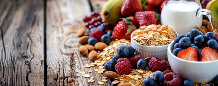 A healthy breakfast spread with a variety of cereals, fresh fruits, nuts, and a jug of almond milk on a rustic table.の素材