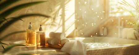 A spa-like bathroom with soap and shower gel on a bathtub, sunlight creating a calming and inviting atmosphere.の素材