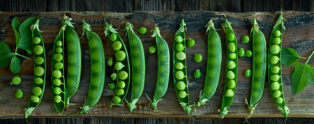 A top-down view of peas spread out on a wooden board, showing their round shape and vibrant green color.の素材