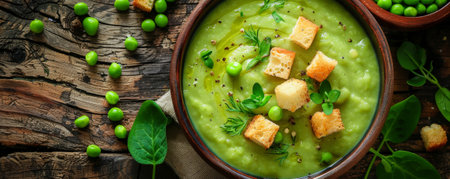 A meal scene with a bowl of pea soup, topped with fresh herbs and croutons, set on a rustic table.の素材