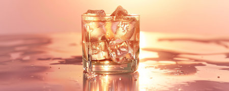 A single drink with ice on a smooth surface, designed to leave room for text in the background.の素材