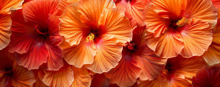 Detailed close-up of orange hibiscus petals, densely packed on a floral backdrop, highlighting their tropical allure and vibrant color.の素材
