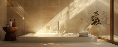 Minimalist bathroom design with soap and shower gel on a freestanding bathtub, illuminated by natural sunlight.の素材