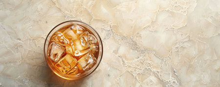 Tasty iced beverage on a clean surface, leaving a large blank area for text.の素材