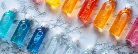 Diverse liquid-filled bottles in vibrant colors, placed on a marble surface, each bottle providing immunity from harmful viruses and polluted air.の素材