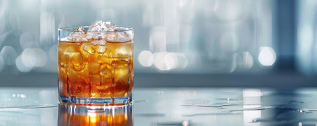 An iced drink on a sleek, reflective surface, allowing for significant text space.の素材
