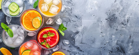 Refreshing drinks with ice arranged on a gray surface from an overhead view, allowing space for text in the center.の素材