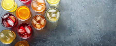 Refreshing drinks with ice arranged on a gray surface from an overhead view, allowing space for text in the center.の素材