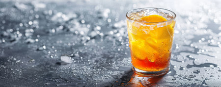 Refreshing iced drink on a smooth surface, with plenty of space for text in the frame.の素材