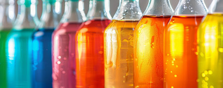 Assorted liquid-filled bottles in a rainbow of colors, neatly displayed on a smooth surface, enhancing immunity from viruses and polluted air.の素材