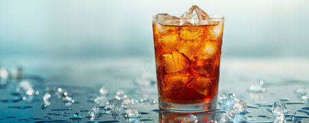 An iced drink on a sleek, reflective surface, positioned to leave space for text.の素材