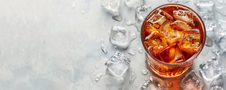 Tasty drink with ice on a clean surface, with a large open area for text.の素材