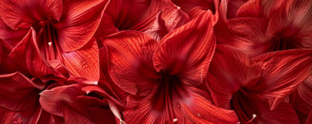 An intricate look at red amaryllis petals, layered on a floral backdrop, showing their bold color and smooth texture.の素材