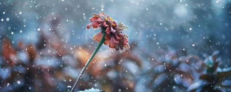 A wilted zinnia, its vibrant colors muted by a layer of snow, with a blurred winter landscape in the background.の素材