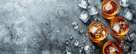 Chilled drinks with ice on a gray surface, seen from above, with an open space for text in the middle, perfect for promotional material.の素材