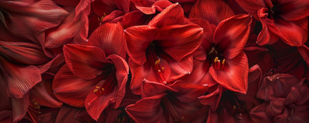 An intricate look at red amaryllis petals, layered on a floral backdrop, showing their bold color and smooth texture.の素材