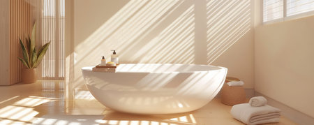 Bright and airy bathroom with soap and shower gel on a sleek bathtub, sunlight casting gentle shadows.の素材
