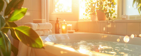 Fresh and inviting bathroom with soap and shower gel on the edge of a bathtub, sunlight adding warmth to the scene.の素材