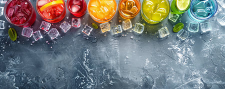 Assorted beverages with ice cubes on a gray background, viewed from above, with ample space for text in the center.の素材