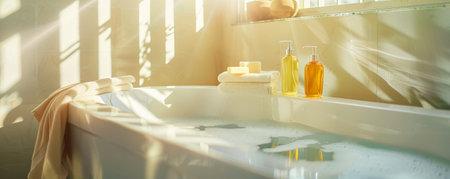 Bright and airy bathroom with soap and shower gel on a sleek bathtub, sunlight casting gentle shadows.の素材