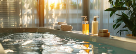 Modern bathroom interior with soap and shower gel on the edge of a bathtub, sunlight creating a warm and inviting atmosphere.の素材