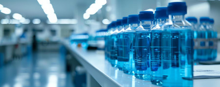 Blue liquid-filled bottles neatly organized on a white medical counter, creating a sense of order and cleanliness in the medical setting.の素材
