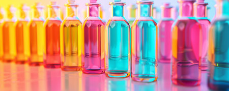 Brightly colored liquid-filled bottles on a clean surface, highlighted as sources of immunity from viruses and polluted air.の素材