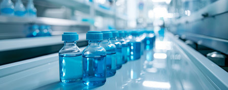 Blue liquid-filled bottles placed on a white medical surface, emphasizing their importance in a healthcare environment.の素材