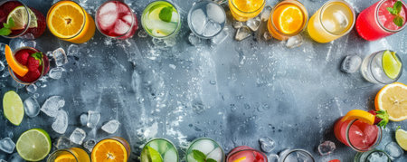 Various ice-cold drinks placed on a gray surface from above, with ample space for text in the center, creating a fresh and inviting visual.の素材