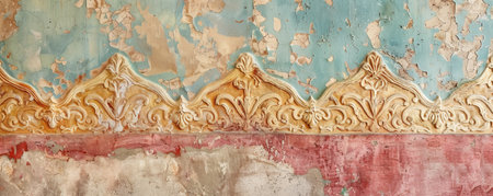 Vintage-style textured stucco wall in vibrant colors, featuring elegant patterns and a weathered appearance, ideal for a retro ambiance.の素材