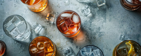Top-down perspective of assorted drinks with ice on a gray surface, with space for text prominently featured in the center.の素材
