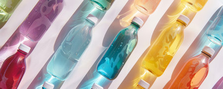 Diverse colorful liquid-filled bottles on a white surface, each providing health benefits against viruses and polluted air.の素材
