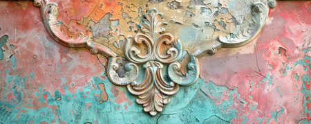 Vintage-style textured stucco wall in vibrant colors, featuring intricate designs and a weathered appearance, ideal for a retro ambiance.の素材