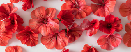 An intricate look at red geranium petals, scattered on a floral backdrop, emphasizing their bright hue and delicate form.の素材