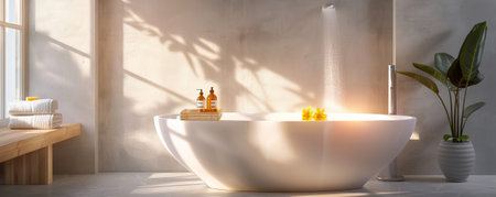 Minimalist bathroom design with soap and shower gel on a freestanding bathtub, illuminated by natural sunlight.の素材