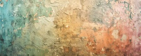 Textured stucco wall with a colorful vintage look, displaying faded hues and delicate patterns, perfect for a retro backdrop.の素材