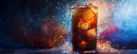 Tasty drink with ice on a clean surface, with a large open area for text.の素材