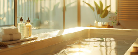 Modern bathroom interior with soap and shower gel on the edge of a bathtub, sunlight creating a warm and inviting atmosphere.の素材