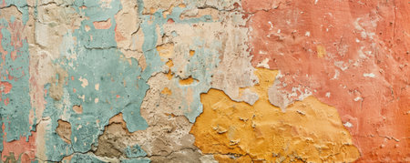 Colorful vintage textured stucco wall, displaying intricate details and a weathered appearance, ideal for a nostalgic setting.の素材