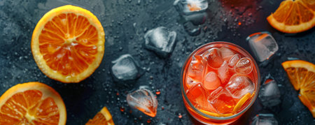 Refreshing drink with ice on a flat surface, with plenty of space for text in the frame.の素材