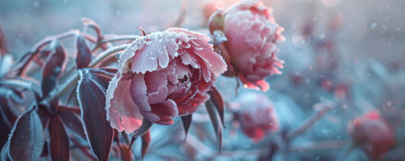 A wilted peony, its petals covered in frost and snow, with a soft-focus background of a winter garden.の素材